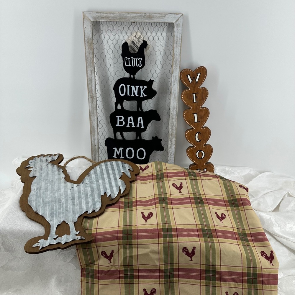 Way to Celebrate Farmhouse Decor Valance Wood Metal Rooster Welcome Sign Excelle